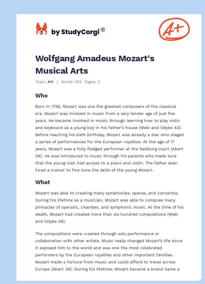 Wolfgang Amadeus Mozart's Musical Arts. Page 1