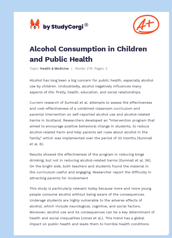 Alcohol Consumption in Children and Public Health. Page 1