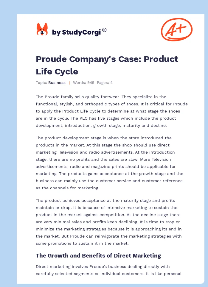 Proude Company's Case: Product Life Cycle. Page 1