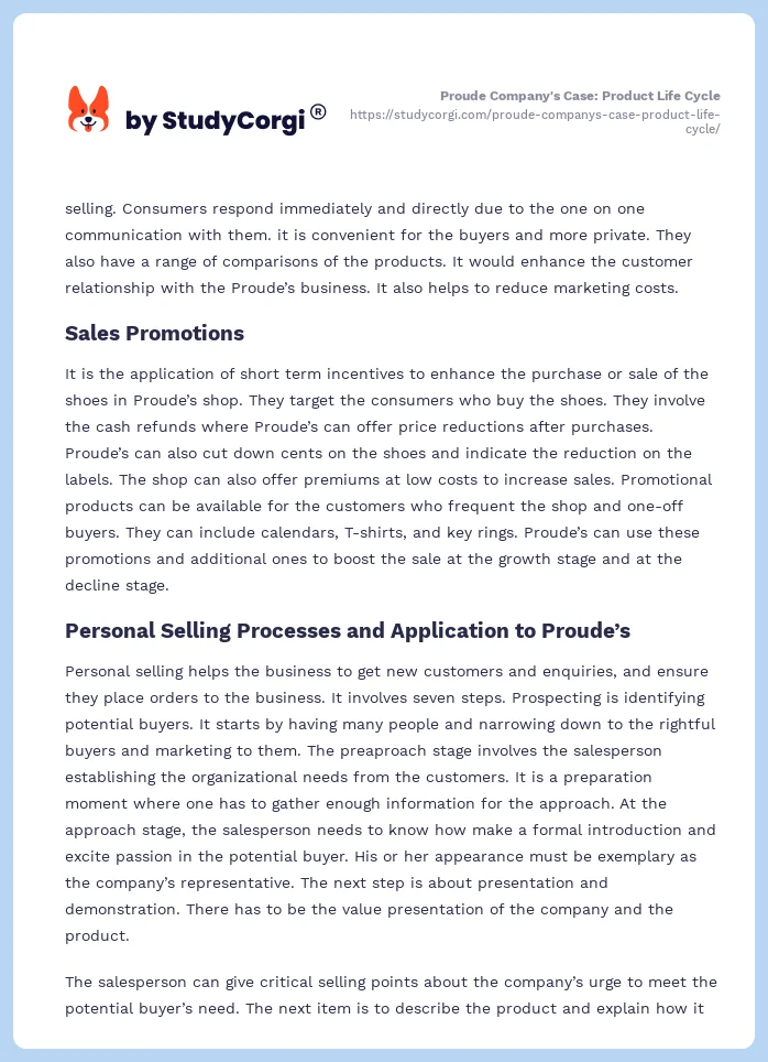 Proude Company's Case: Product Life Cycle. Page 2
