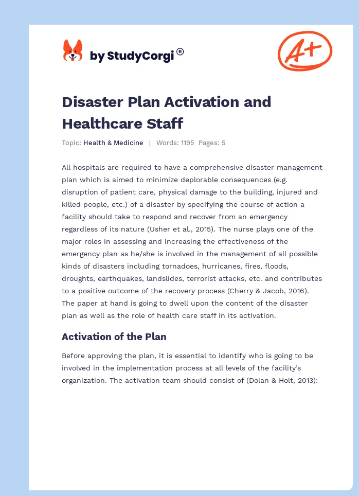 Disaster Plan Activation and Healthcare Staff. Page 1