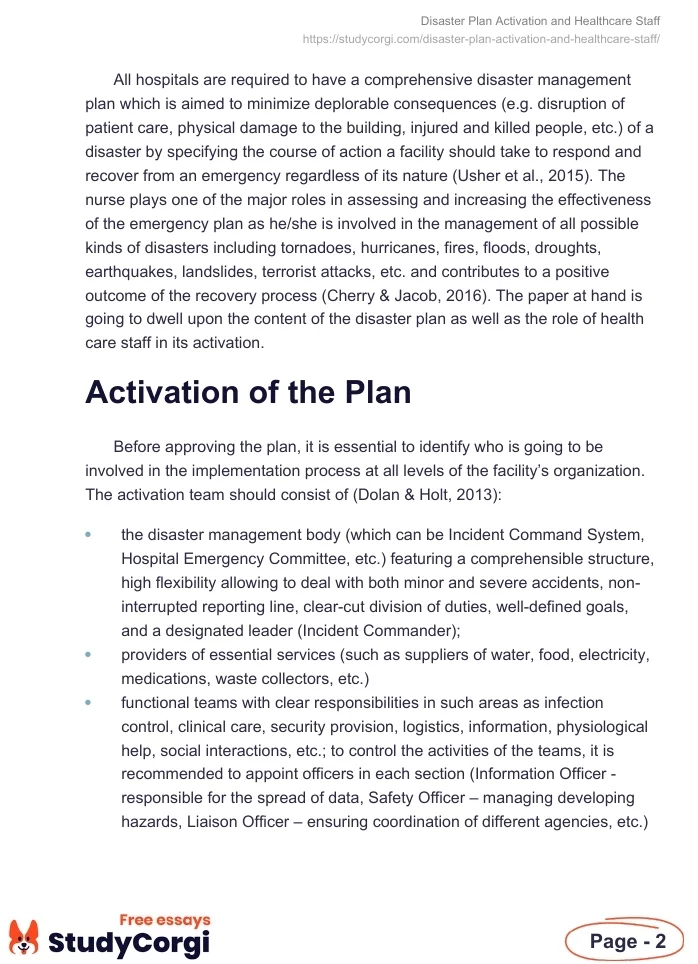 Disaster Plan Activation and Healthcare Staff. Page 2
