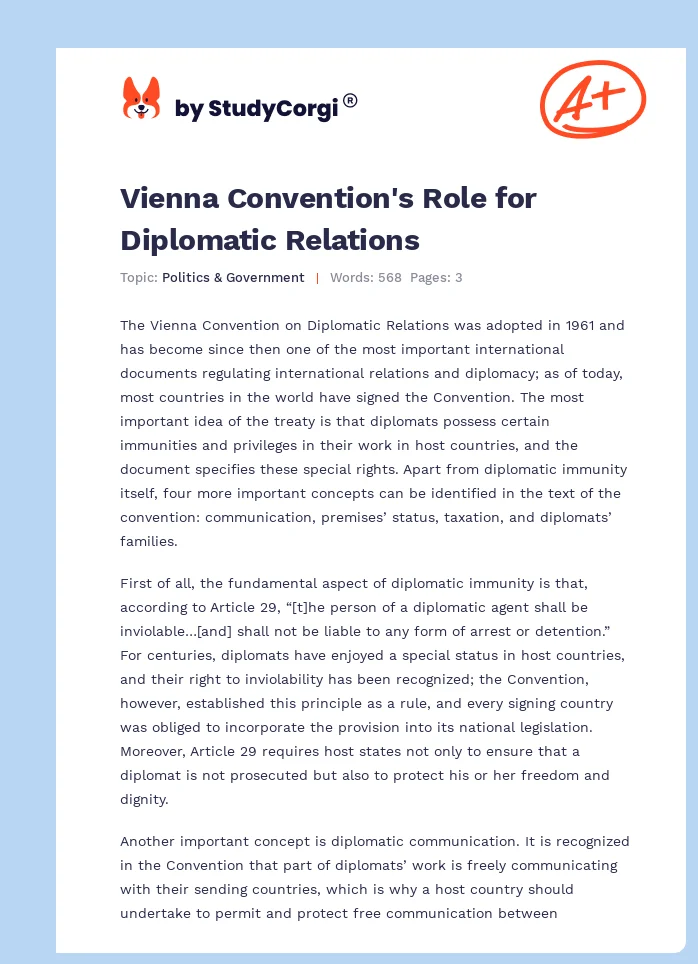 Vienna Convention's Role for Diplomatic Relations. Page 1