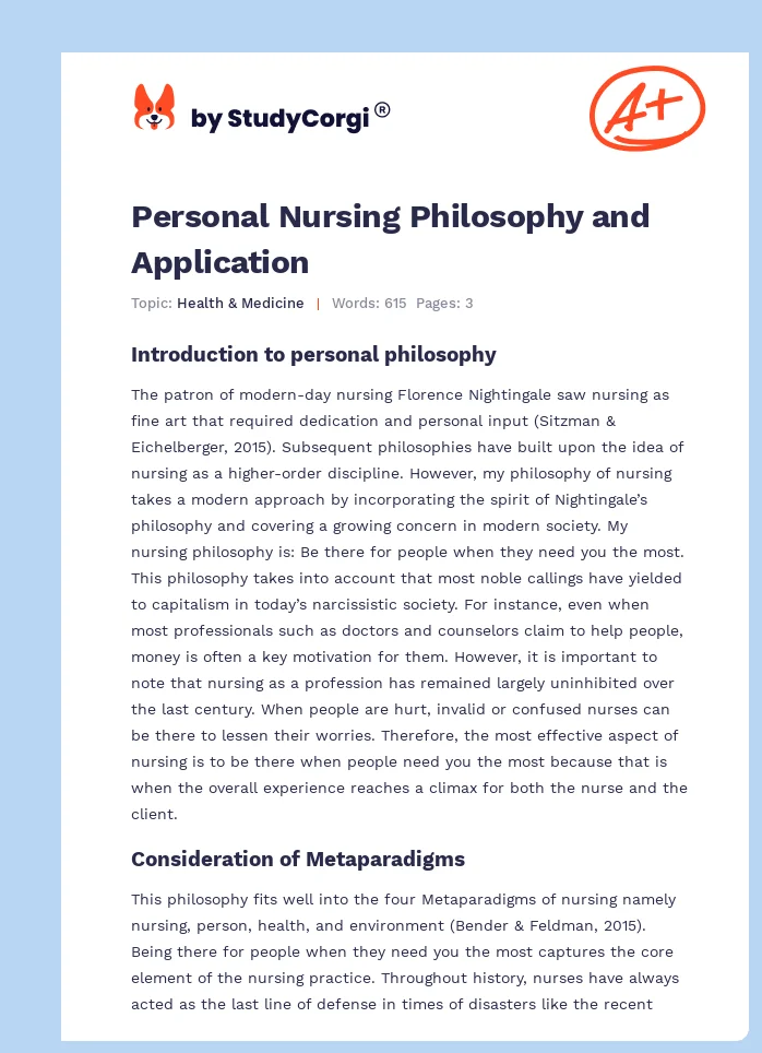 Personal Nursing Philosophy and Application. Page 1