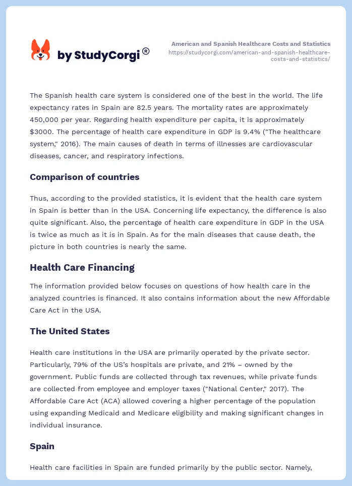 American and Spanish Healthcare Costs and Statistics. Page 2