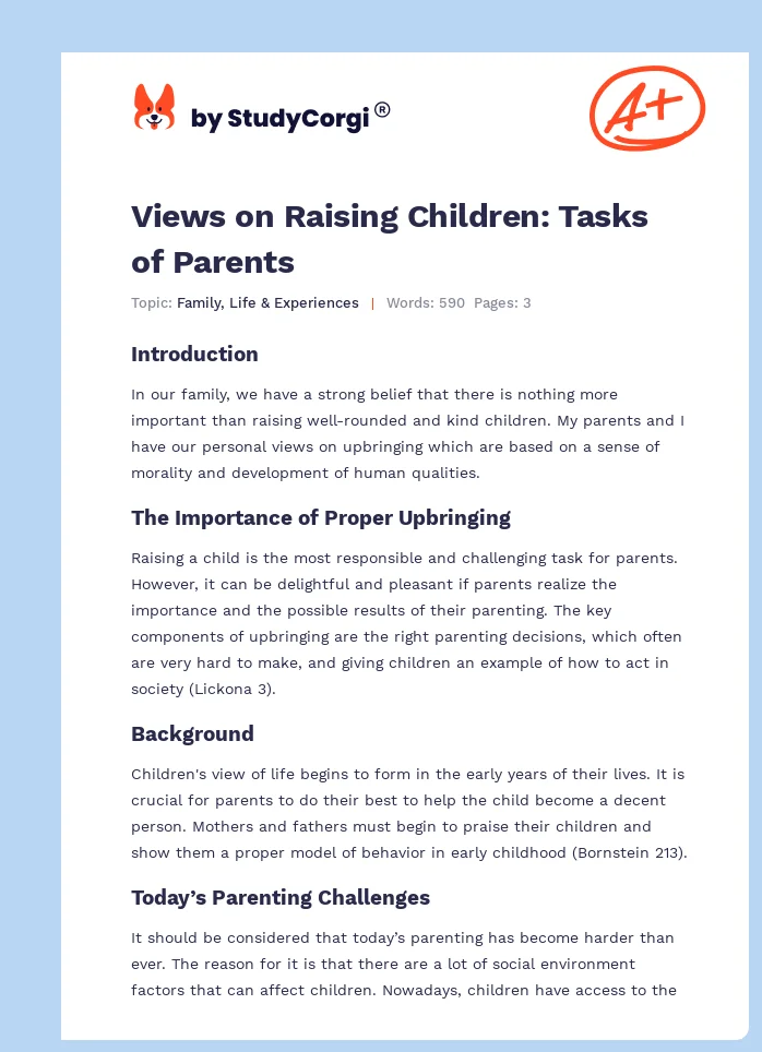 Views on Raising Children: Tasks of Parents. Page 1