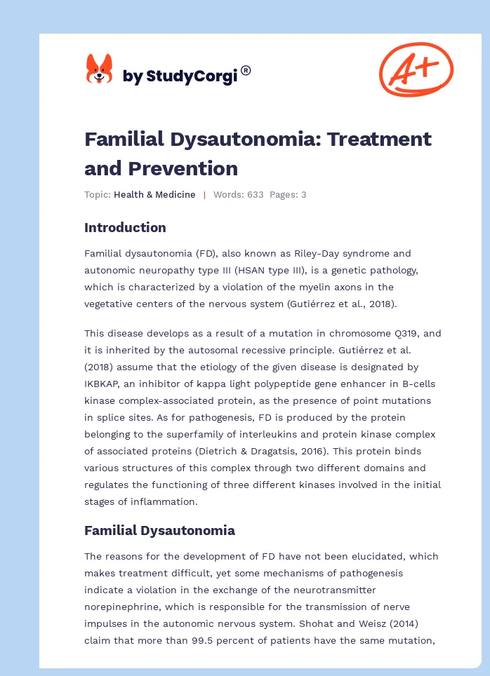 Familial Dysautonomia: Treatment and Prevention. Page 1