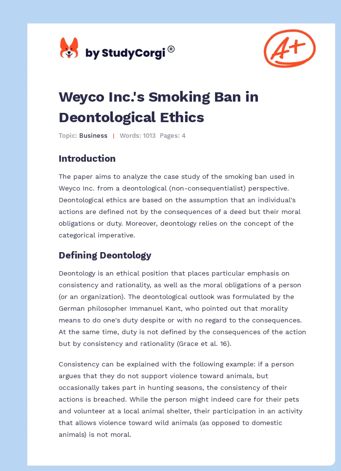 Weyco Inc.'s Smoking Ban in Deontological Ethics. Page 1