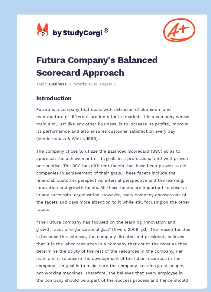 Futura Company's Balanced Scorecard Approach. Page 1