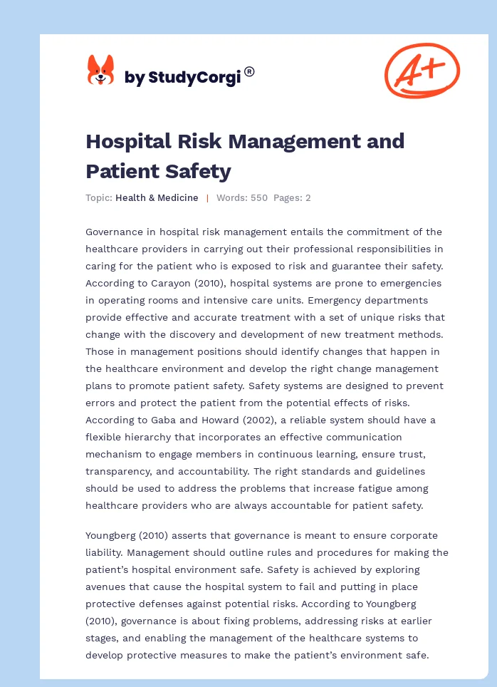 Hospital Risk Management and Patient Safety. Page 1