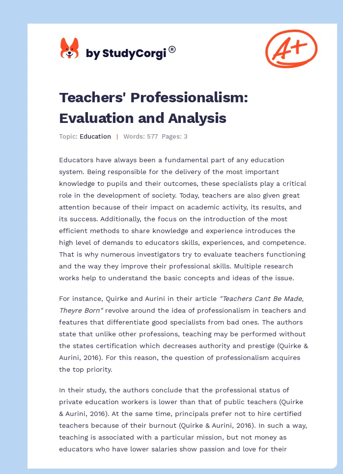 Teachers' Professionalism: Evaluation and Analysis. Page 1