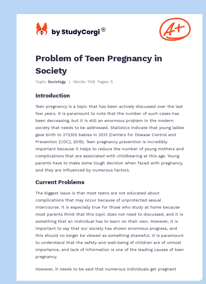 Problem of Teen Pregnancy in Society. Page 1