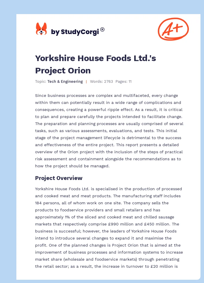 Yorkshire House Foods Ltd.'s Project Orion. Page 1