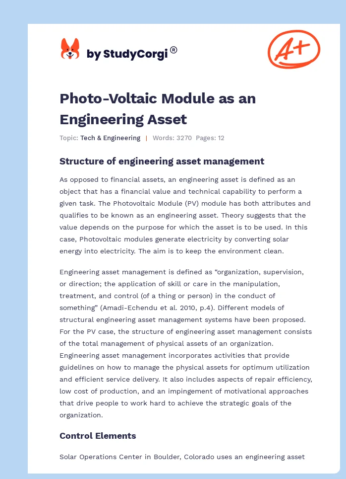 Photo-Voltaic Module as an Engineering Asset. Page 1