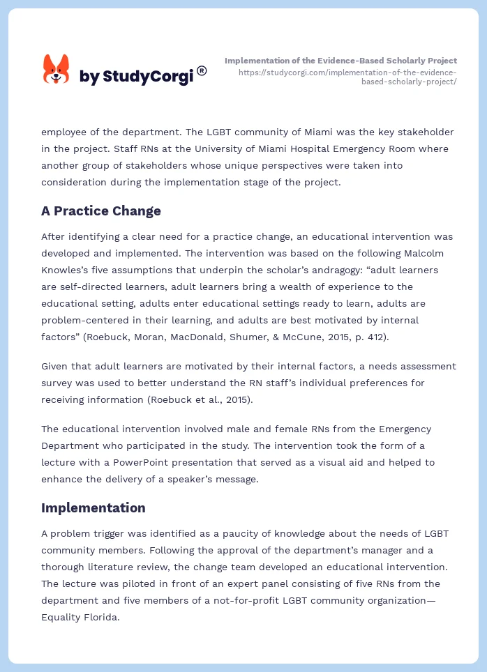 Implementation of the Evidence-Based Scholarly Project. Page 2