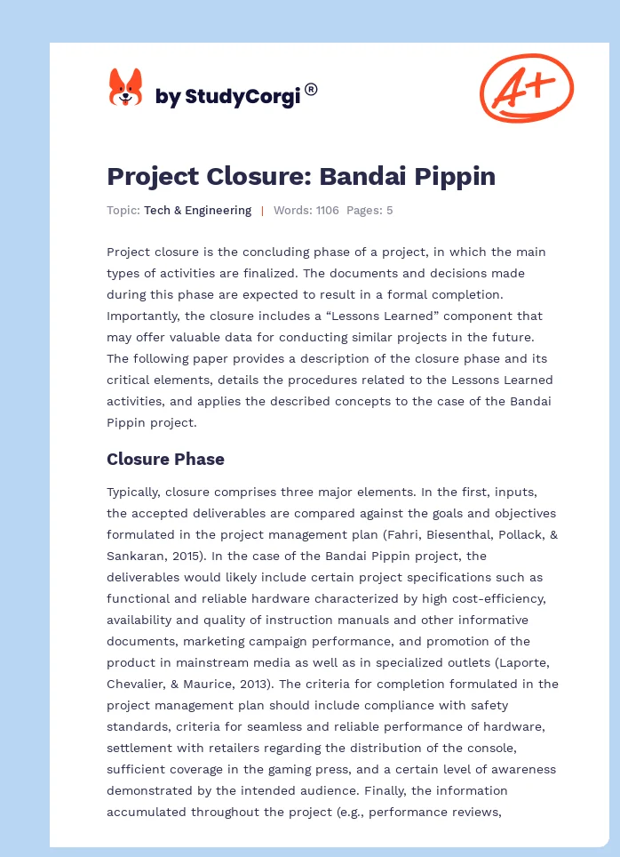 Project Closure: Bandai Pippin. Page 1