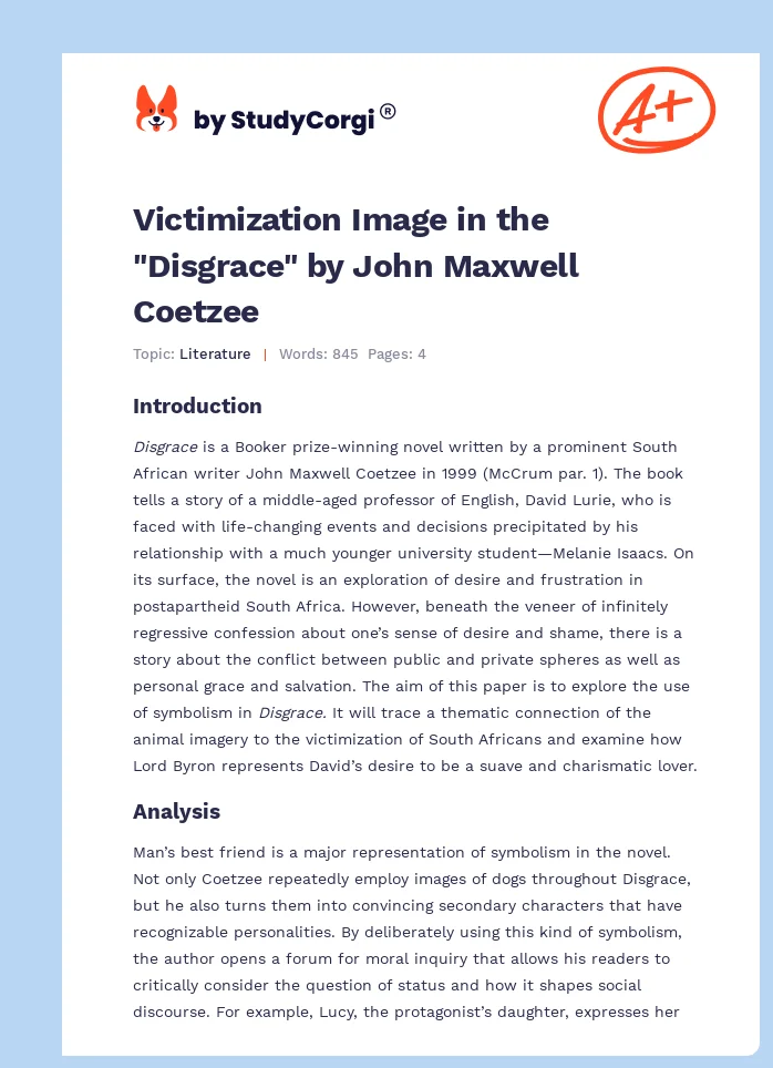 Victimization Image in the "Disgrace" by John Maxwell Coetzee. Page 1