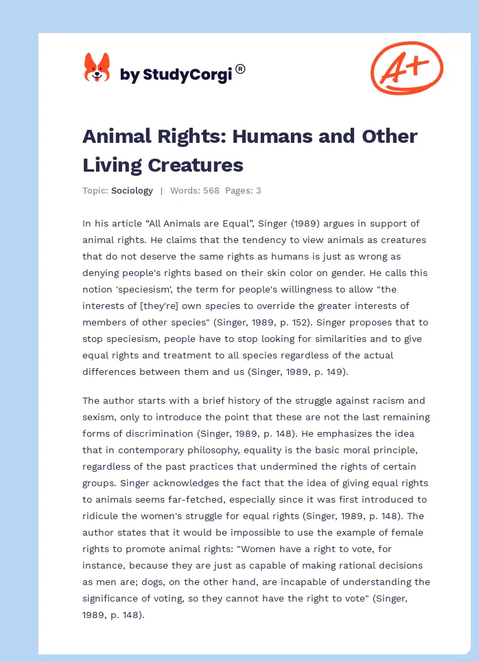 Animal Rights: Humans and Other Living Creatures. Page 1