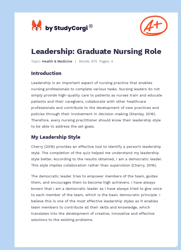 Leadership: Graduate Nursing Role. Page 1