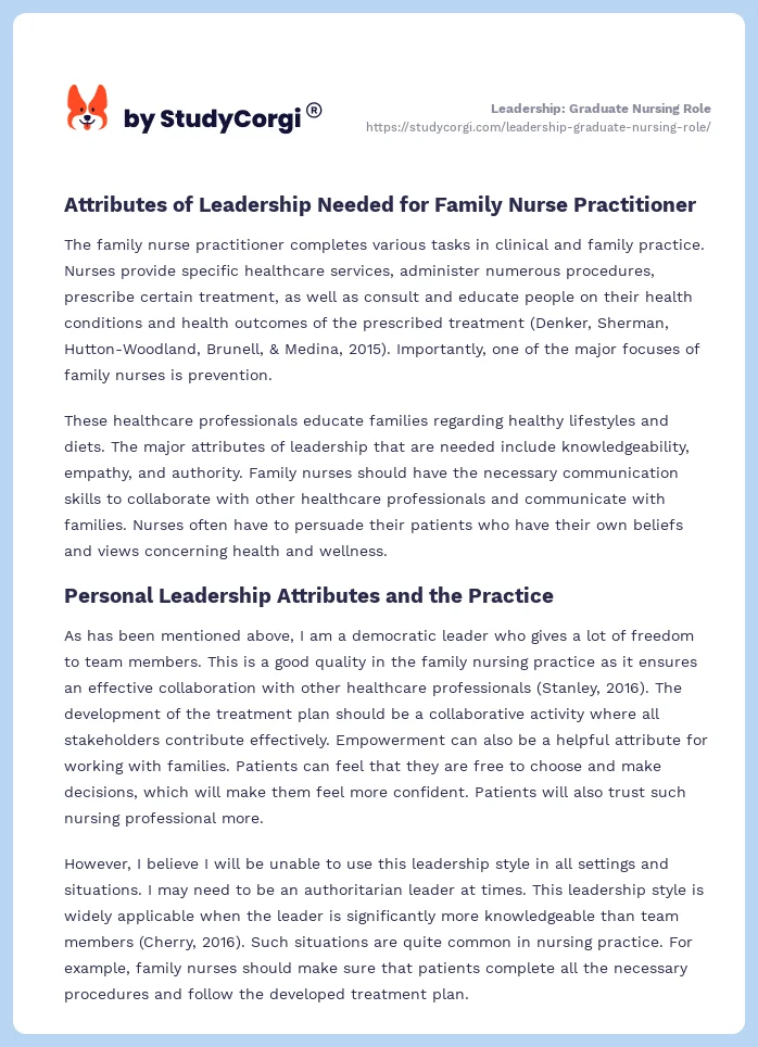 Leadership: Graduate Nursing Role. Page 2