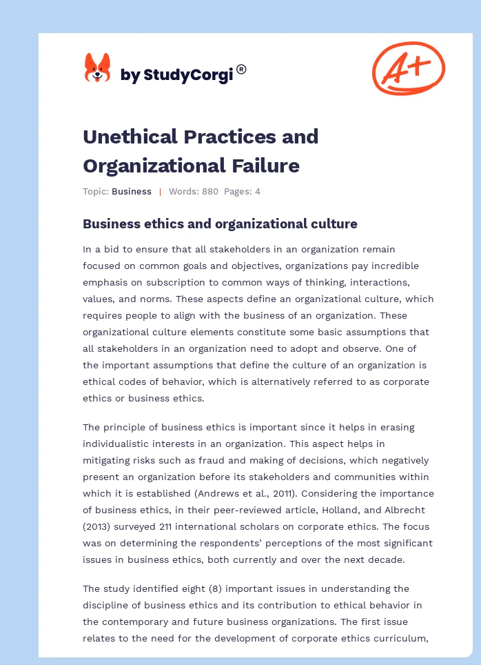 Unethical Practices and Organizational Failure. Page 1
