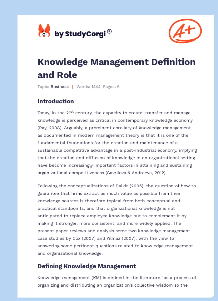 Knowledge Management Definition and Role. Page 1