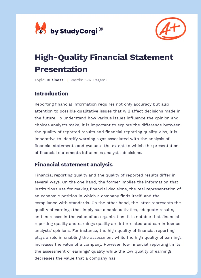 High-Quality Financial Statement Presentation. Page 1