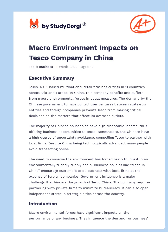 Macro Environment Impacts on Tesco Company in China. Page 1