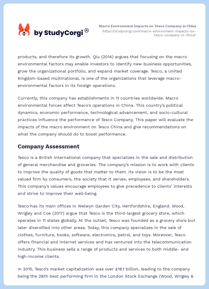 Macro Environment Impacts on Tesco Company in China. Page 2