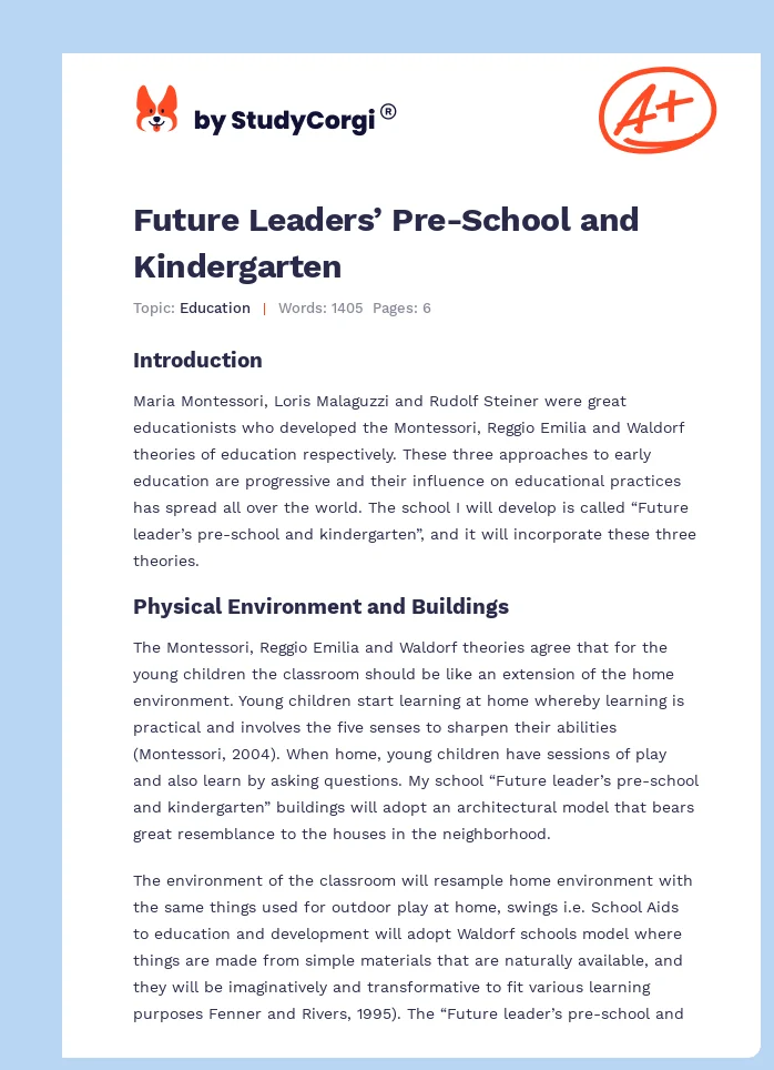 Future Leaders’ Pre-School and Kindergarten. Page 1