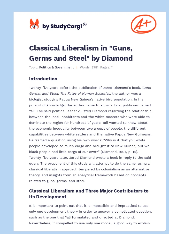 Classical Liberalism in "Guns, Germs and Steel" by Diamond. Page 1