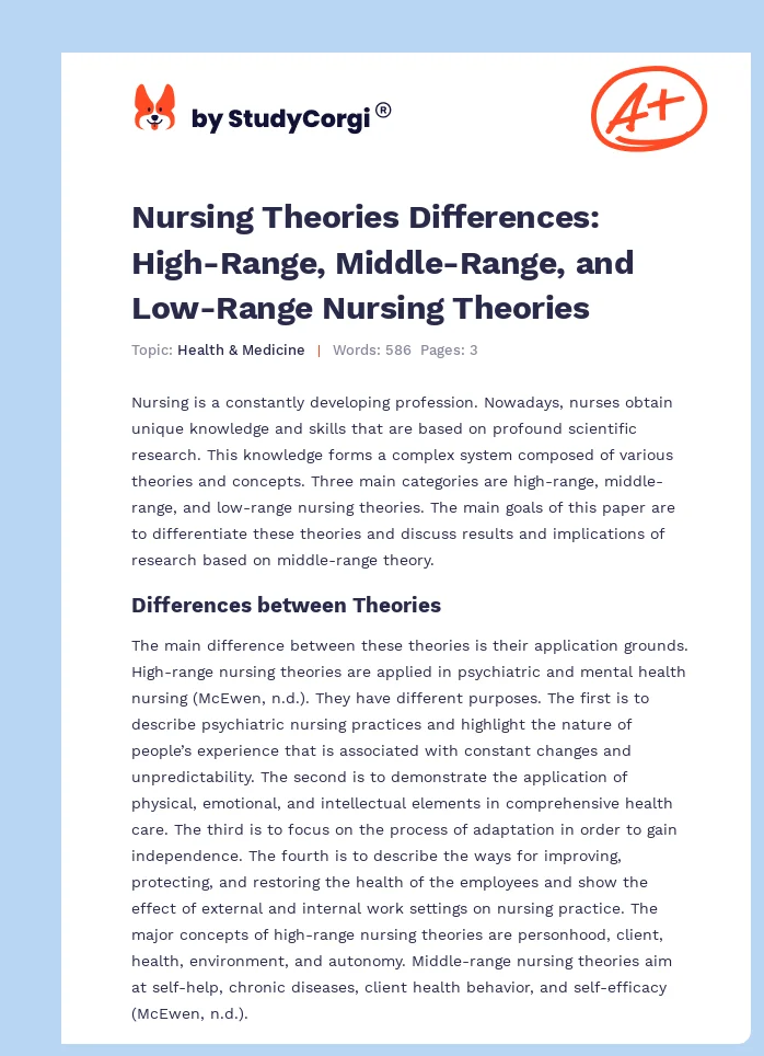Nursing Theories Differences: High-Range, Middle-Range, and Low-Range Nursing Theories. Page 1
