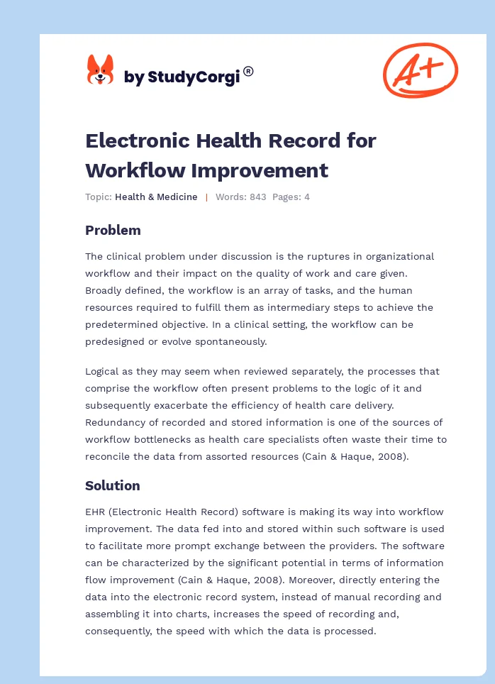 Electronic Health Record for Workflow Improvement. Page 1