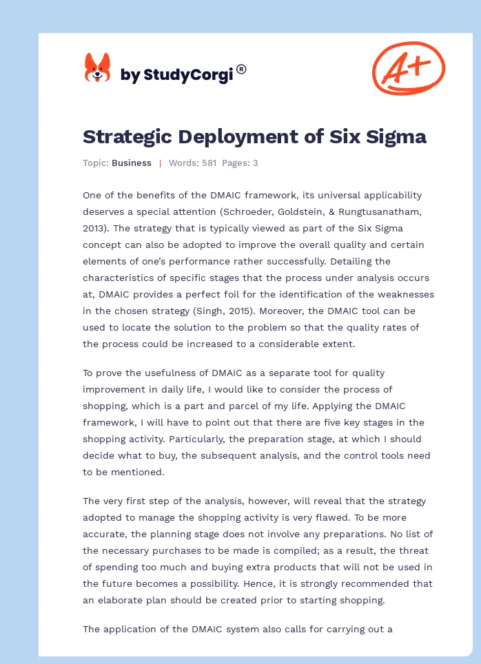Strategic Deployment of Six Sigma. Page 1
