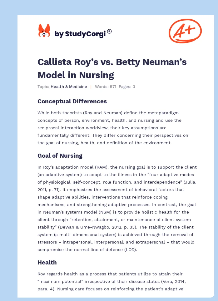 Callista Roy’s vs. Betty Neuman’s Model in Nursing. Page 1