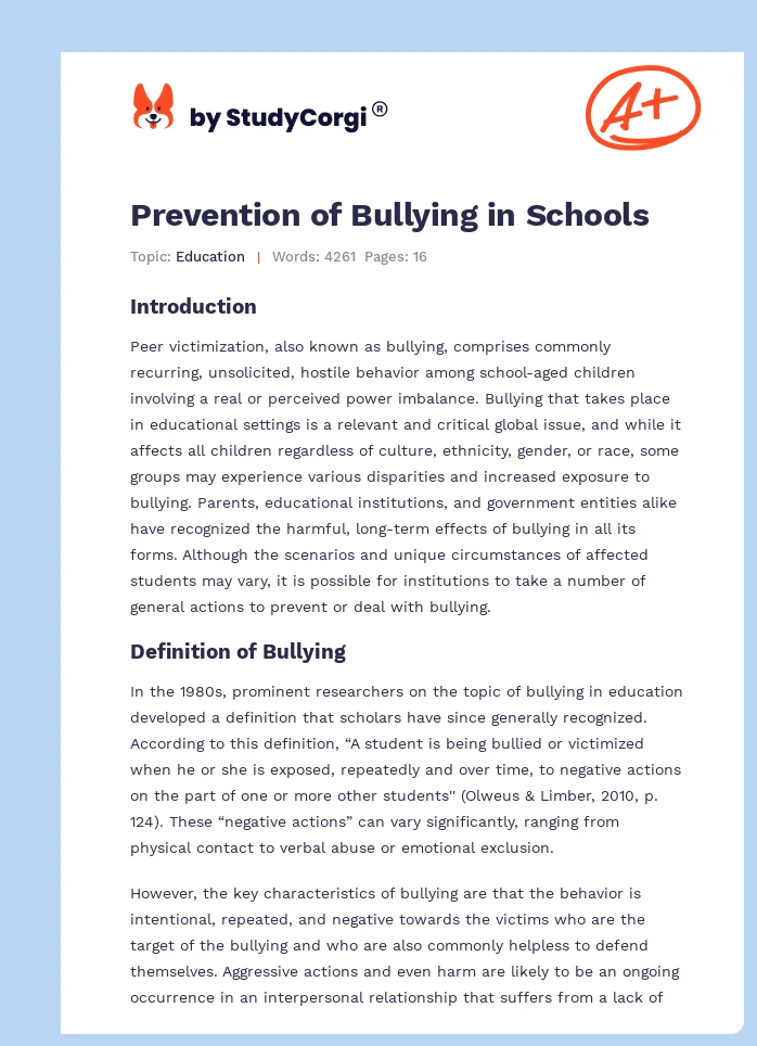 Prevention of Bullying in Schools. Page 1