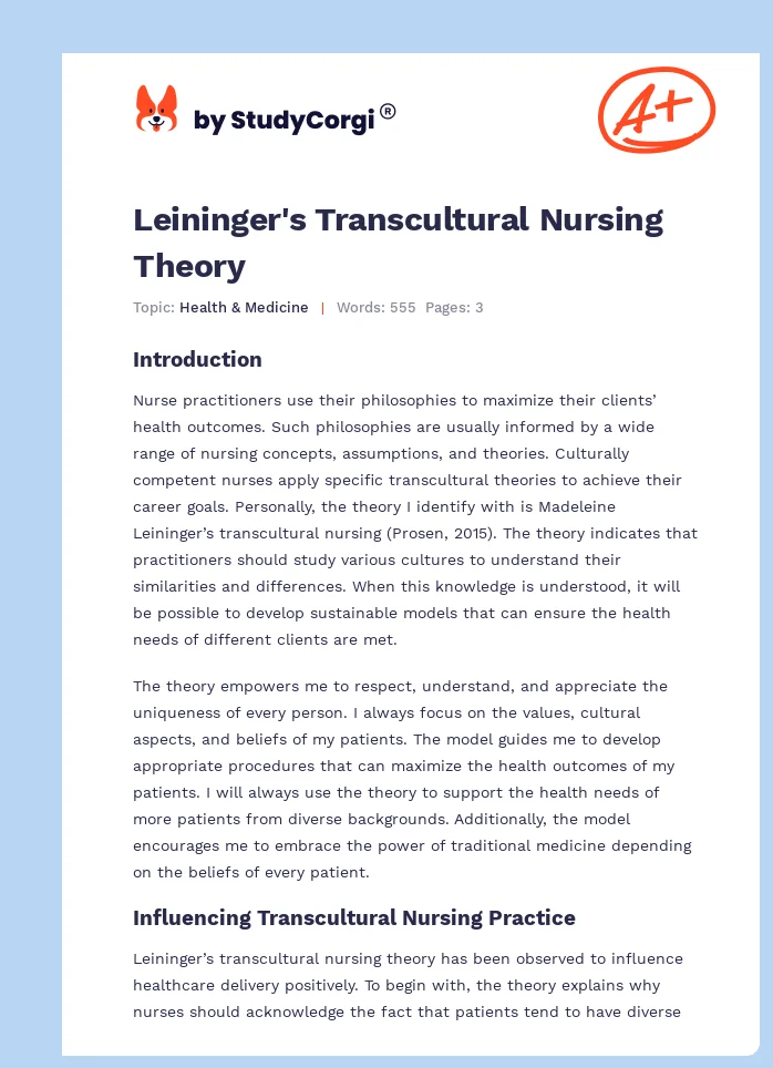 Leininger's Transcultural Nursing Theory. Page 1