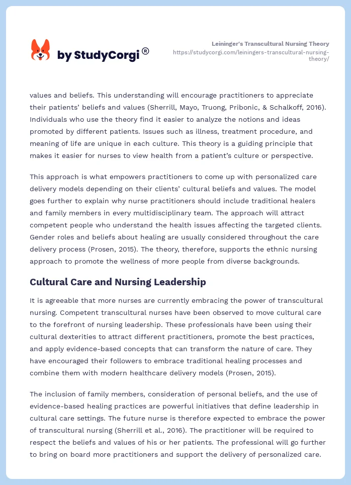 Leininger's Transcultural Nursing Theory. Page 2