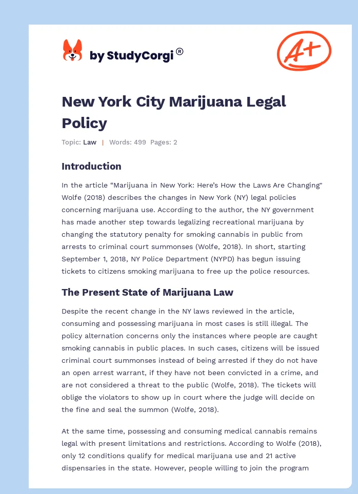 New York City Marijuana Legal Policy. Page 1