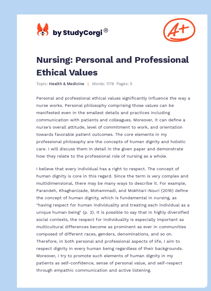 Nursing: Personal and Professional Ethical Values. Page 1