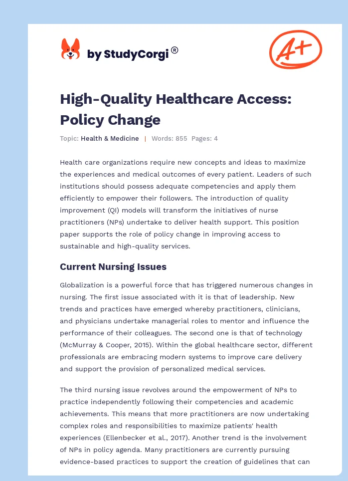 High-Quality Healthcare Access: Policy Change. Page 1