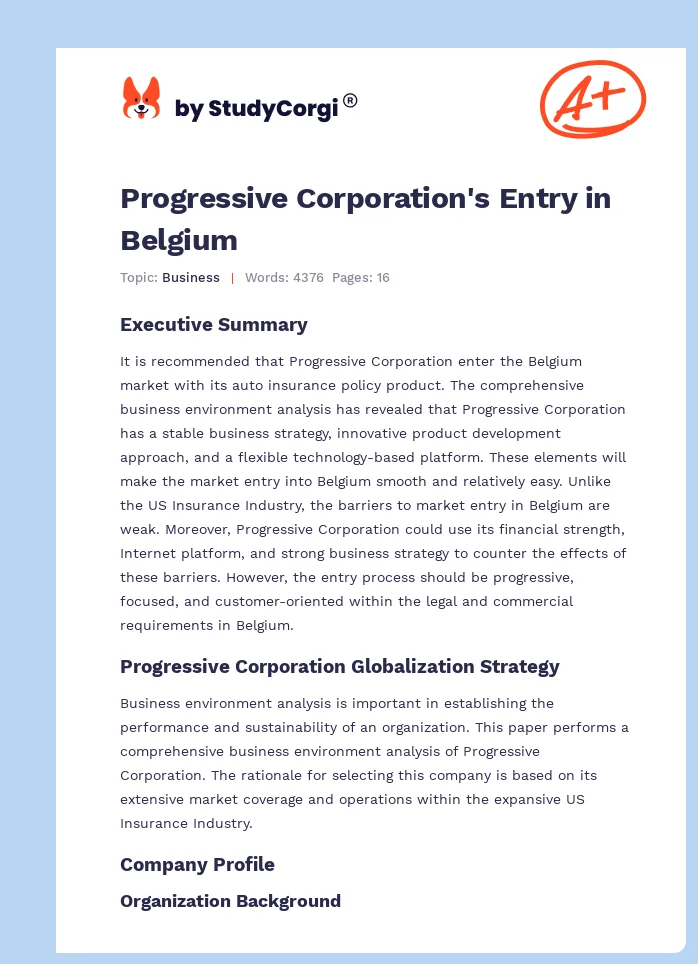 Progressive Corporation's Entry in Belgium. Page 1