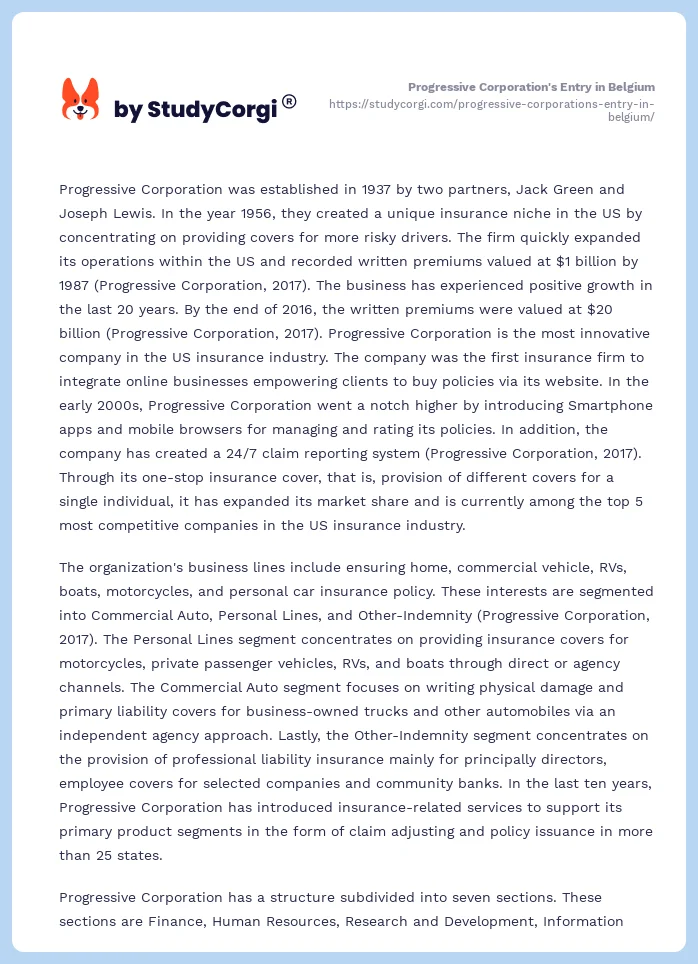 Progressive Corporation's Entry in Belgium. Page 2