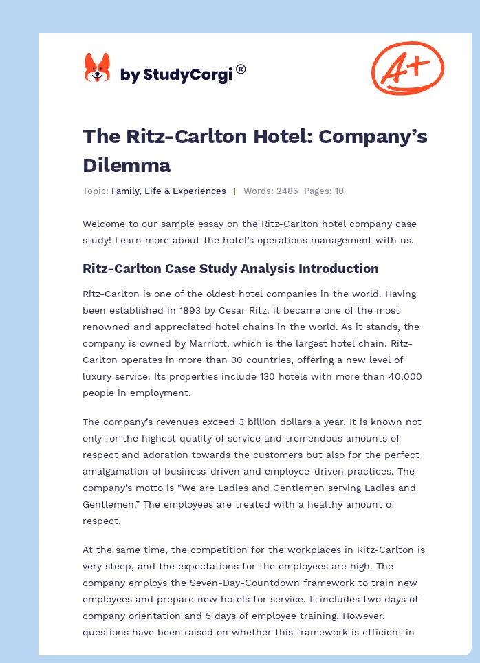 The Ritz-Carlton Hotel: Company’s Dilemma. Page 1