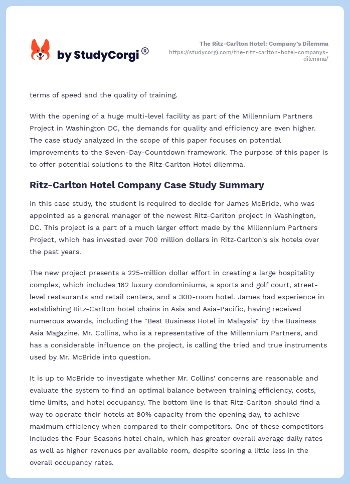 The Ritz-Carlton Hotel: Company’s Dilemma. Page 2