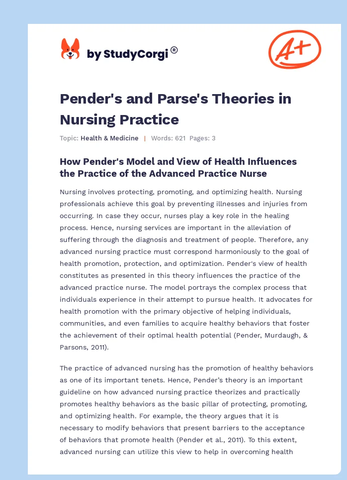 Pender's and Parse's Theories in Nursing Practice. Page 1