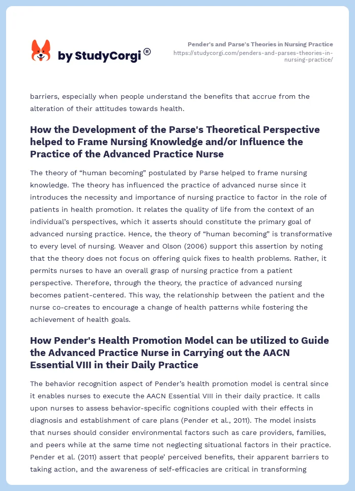 Pender's and Parse's Theories in Nursing Practice. Page 2