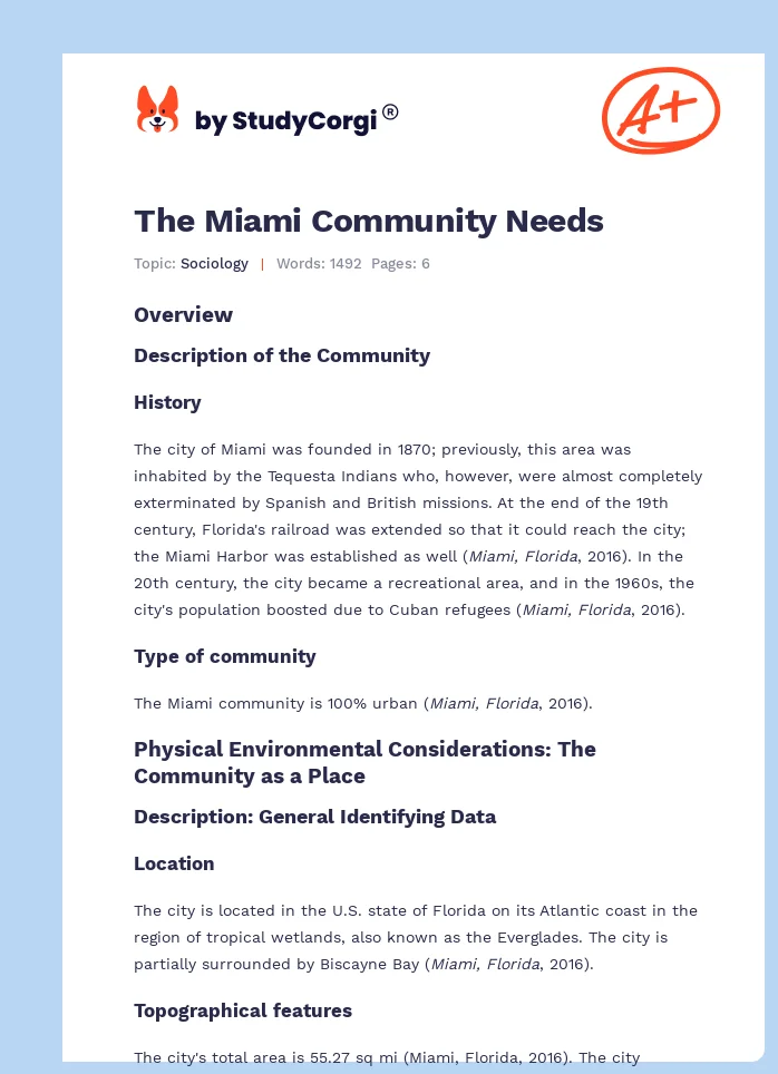 The Miami Community Needs. Page 1