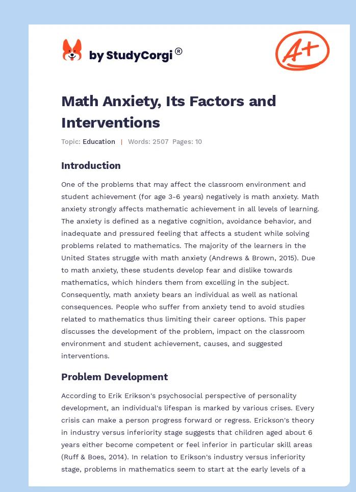 Math Anxiety, Its Factors and Interventions. Page 1