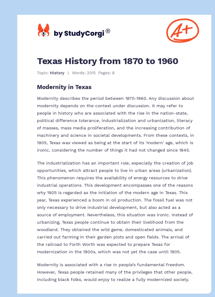 Texas History from 1870 to 1960. Page 1